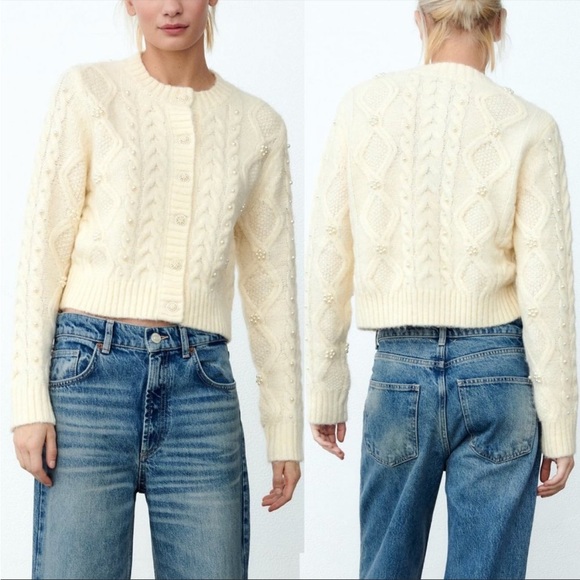Zara Sweaters New Zara Knitwear Pearl Rhinestone Jewel Button Cable